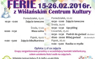 Zaproszenie na ferie w Wiślańskim Centrum Kultury