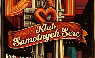 Plakat filmowy - trąbka, serce, miasto, napis: "Klub samotnych serc"