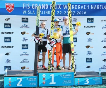 Najlepsi zawodnicy konkursu indywidualnego na podium: Anders Fannemel, Maciej Kot i Andreas Wellinger (od lewej)