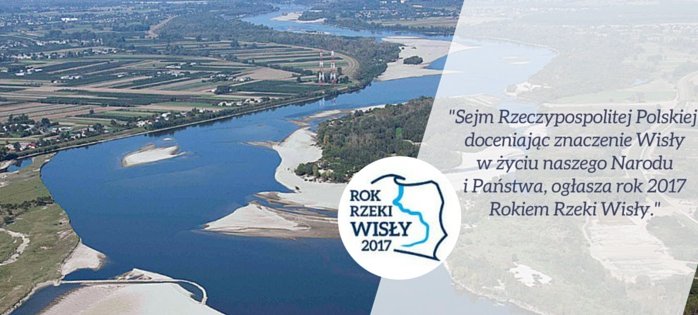 Grafika promująca Rok Rzeki Wisły 2017 z logotypem i zdjęciem zakola Wisły