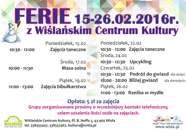 Zaproszenie na ferie w Wiślańskim Centrum Kultury