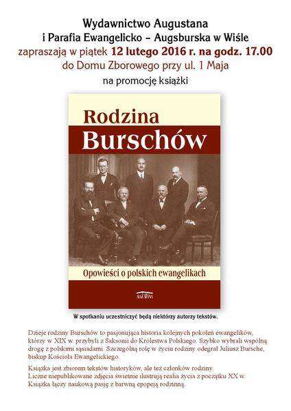 Zaproszenie na promocję książki "Rodzina Burschów. Opowieści o polskich ewangelikach"