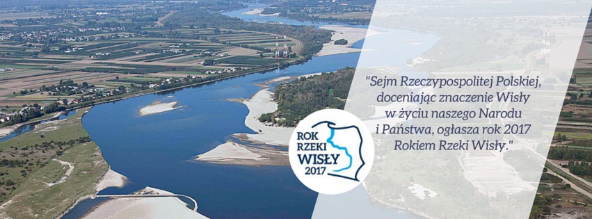 Grafika promująca Rok Rzeki Wisły 2017 z logotypem i zdjęciem zakola Wisły